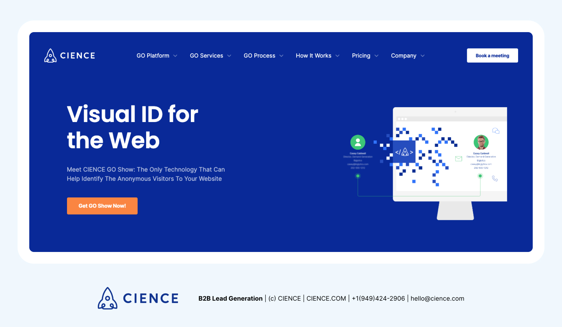 CIENCE GO Show interface displaying anonymous website visitor identification and audience segmentation by behavior and demographics